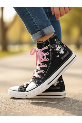 Kız Çocuk Kromi&melody Baskılı Siyah Bilekli Keten Spor Ayakkabı Sneaker Siyah/pembe