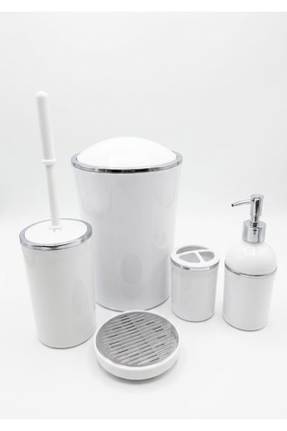 5 Parça Yuvarlak Lüks Banyo Seti Sert Plastik Çöp Kovalı, Sıvı Sabunluklu, Diş Fırçalıklı Ve Klozet Fır Çok Renkli