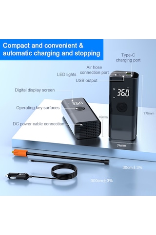 Vkemall Siyah Akıllı El Tipi Lastik Pompa, Otomatik Durdurma Ve Led Işıklı, Araçlı Çalışma, Baskı Gösterici, Çoklu Mod, Akıllı Şarj Cihazı