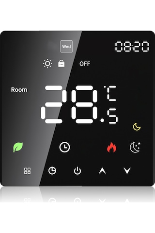 Yaleker Siyah Akıllı Isıtıcı Termostatı, Ip20, 16a, Lcd Dokunmatik Ekran, Manuel/otomatik Mod, Haftalık Programlama, Çocuk Kilidi