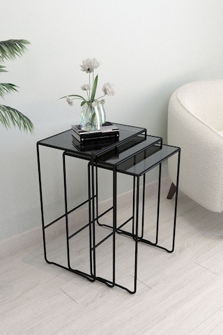 Dekoport Moon Dekopratif Metal Cam Zigon Yan Sehpa Siyah Füme Cam