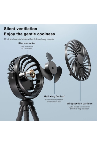 Kosona Siyah F3 Çok Amaçlı Tripod Fan: Bebek Arabası Asma Fanı, 360 Döner, 3 Hızlı, Gece Lambalı, 800mah Pil
