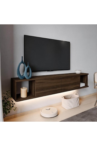 İnarch Dizayn Twist Led Işıklı Duvara Monte Tv Sehpası - 2 Kapaklı Ceviz