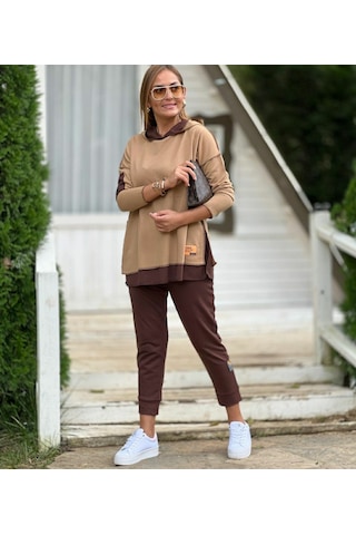 Ahes Shopping Kadın Kahve Kapşonlu Etek Ucu Detay Arma Ters Dikiş Gorunumlu Ikili Takım Sütlü Kahve