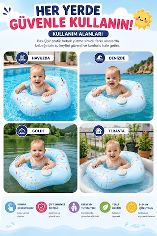 Bebek Yüzme Simidi Bas Şişir Pratik Pompa Gerektirmeyen Ebeveyn Tutma Yerli Çift Emniyetli Mavi Simi
