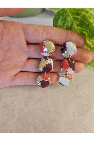 El Yapımı Polimer Kil Küpe - 14k Altın Kaplama Çelik Detaylı & Altın Varaklı 3'lü Katmanlı Sallantılı Küpe Aura Cascade Rose Gold