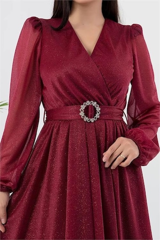 Neşeli Butik Kadın Kemer Ve Vatka Detaylı Simli Midi Elbise Rymy3590 Bordo
