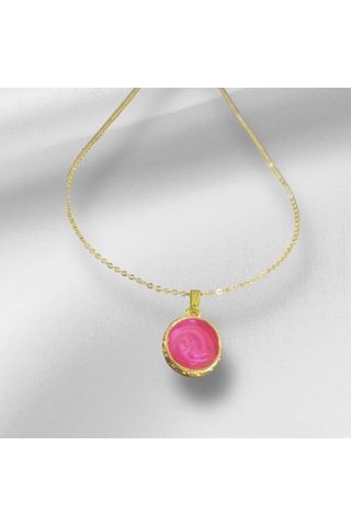0031 Yuvarlak Pembe-mavi Doğal Taş Kolye Gold