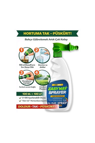 Ekosolfarm Easy Way Hortum Ucu Sprayer + 1 Litre Ekosolfarm Sıvı Solucan Gübresi - Çim Ve Tüm Bahçe Bitkileri İçi 0,250