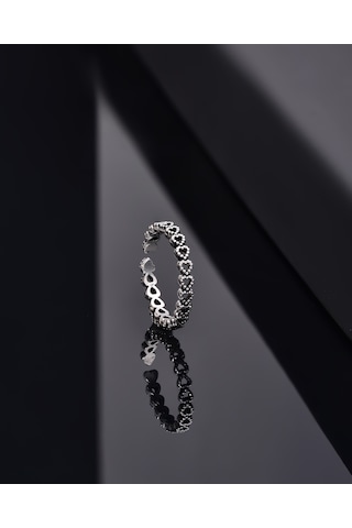 925 Ayar Oksitli Sıralı Tamtur Kalp Ayarlanabilir Gümüş Yüzük Gümüş