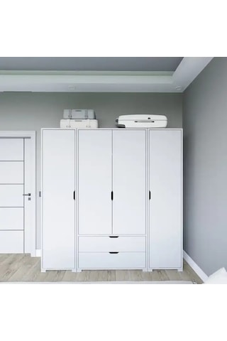 Duru Mat Beyaz 4 Kapılı 2 Çekmeceli Elbise Dolabı - Gardırop Seti Beyaz