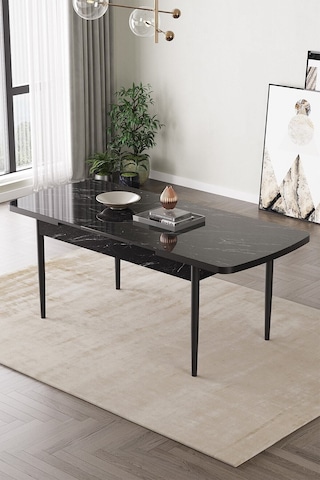 Lamina Siyah Mermer Mdf 80x132 Ahşap Ayaklı Açılır Üstkalite Mutfak Masası,yemek Masası,salon Masası Siyah Mermer Desen