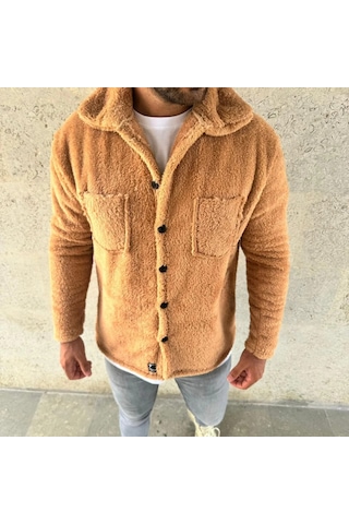 Erkek Pelüş Polar Hırka Gömlek Yakalı, İlik Düğmeli, Göğüs Cepli, Yumuşak Dokulu Kışlık Regular Fi Açık Kahve