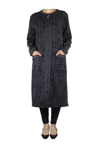 Kadın Önü Fermuarlı Üstten Cepli Kalın Kap Siyah