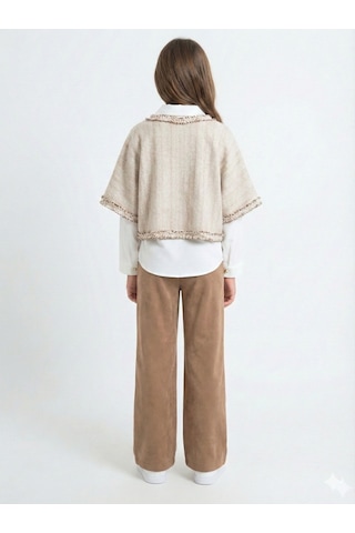 Xo Kids Bej Püsküllü Pançolu Gömlekli Ve Bol Paça Pantolonlu 3lü Kız Çocuk Takım 8-14 Yaş 4430 Ekru