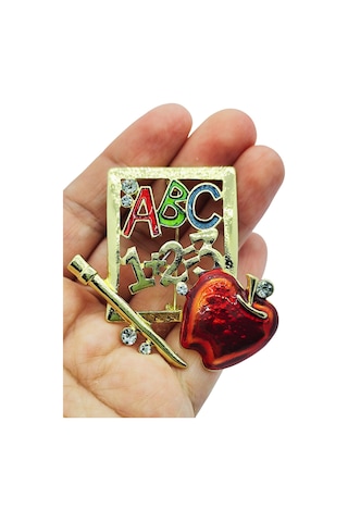 Öğretmen Temalı Abc 123 Kırmızı Elma Taşlı Broş Renkli Eğitim Sembollü Brooch Çok Renkli