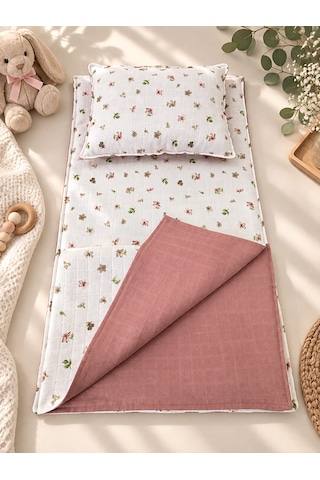 Sallhome Baby Gül Kurusu Çiçek Desenli Müslin 3'lü Bebek Alt Açma Seti Minder - Battaniye ve Yastık