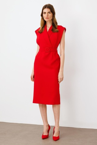 Moda İlgi Kadın Kol Ağzı Boncuk Aksesuar Detaylı Elbise 0015 Kırmızı Kırmızı