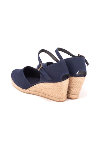 Star Tombis Gerçek Elişi Bilekten Bantlı Topuğu Açık Keten Espadril Dolgu Topuk Handmade Lacivert