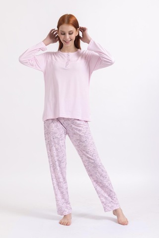 Kadın Dört Mevsim Dantel Desenli Melisa Kumaş Yüksek Kalite Yuvarlak Yaka Pijama Takımı 1361 - Pembe
