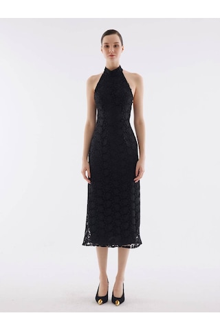 Dantel Halter Yaka Siyah Elbise Standart