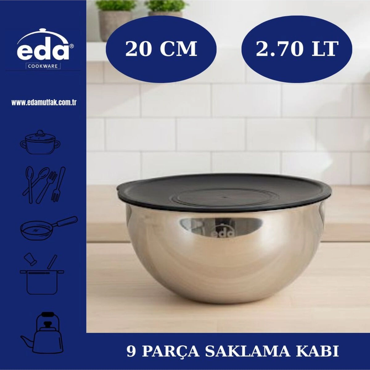 Eda Paslanmaz Çelik 9 Parça Karıştırma Kabı - Rendeli Karıştırma Saklama Kabı Seti Gri