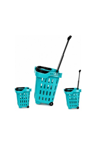 5 Adet - 43 Lt Tekerlekli Market Sepeti Plastik Alışveriş Sepeti Ergonomik Çift Saplı Turkuaz