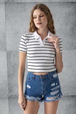 Giysa Kadın Polo Yaka Çizgili Pamuklu T-shirt Beyaz Siyah - 25795 Beyaz - Siyah