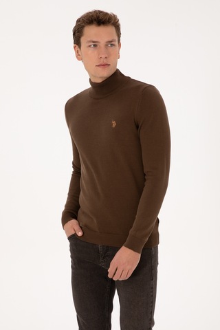 U.S. Polo Assn. Erkek Slim Fit Boğazlı Kahverengi Basic Kazak 50313712-VR029