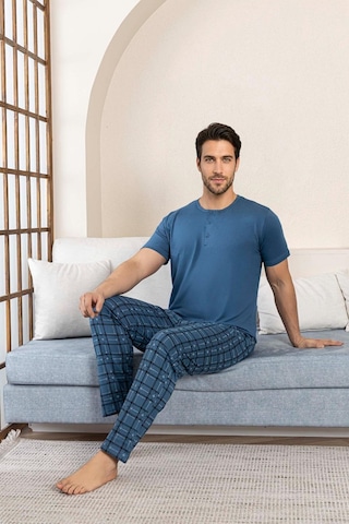 Guava Erkek Modal 3 Düğmeli Ekose Desen Pamuk Likra Kısa Kol Cepli Pijama Takımı İndigo