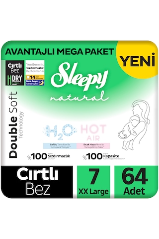 Sleepy Natural Double Soft Avantajlı Mega Paket Bebek Bezi 7 Numara Xxlarge 64 Adet