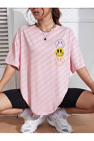 Noıssey Karikatür Ve Grafik Tasarım Oversize T-shirt Cartoon/letter Serisi Kod44 Pembe
