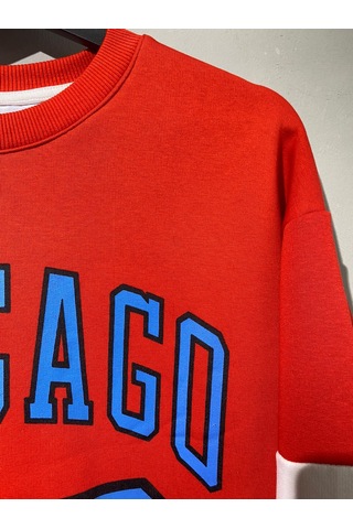 Erkek Kırmızı Unısex Oversize Chicago 23 Baskılı Polarlı Sweat Kırmızı