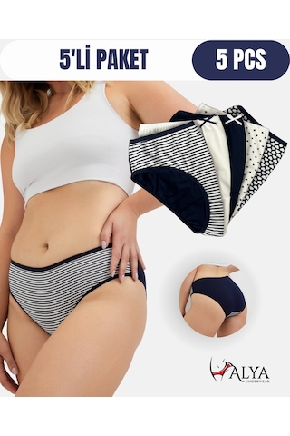 Alya Underwear Pamuklu Kadın Külot Slip Empirme Baskılı Yüksek Bel İç Çamaşırı - 5'li Paket - Lacivert Çok Renkli Y21