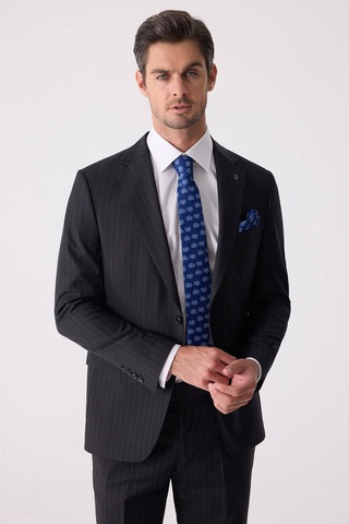 Erkek Siyah Slim Fit Çizgili %100 Yün Takım Elbise