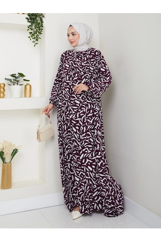 Desenli Önü Büzgülü Viskon Elbise - Mor / E0131 Mor