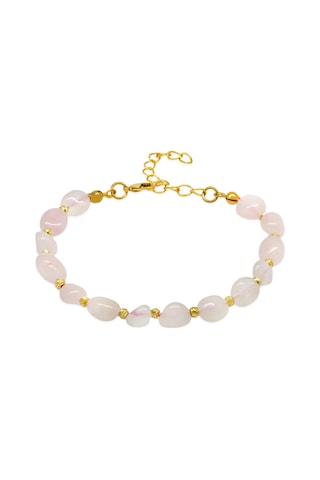 Gold Renk Metal Zincirli Dorika Top Süslemeli Amorf Pembe Kuvars Doğaltaş Kadın Bileklik Pembe