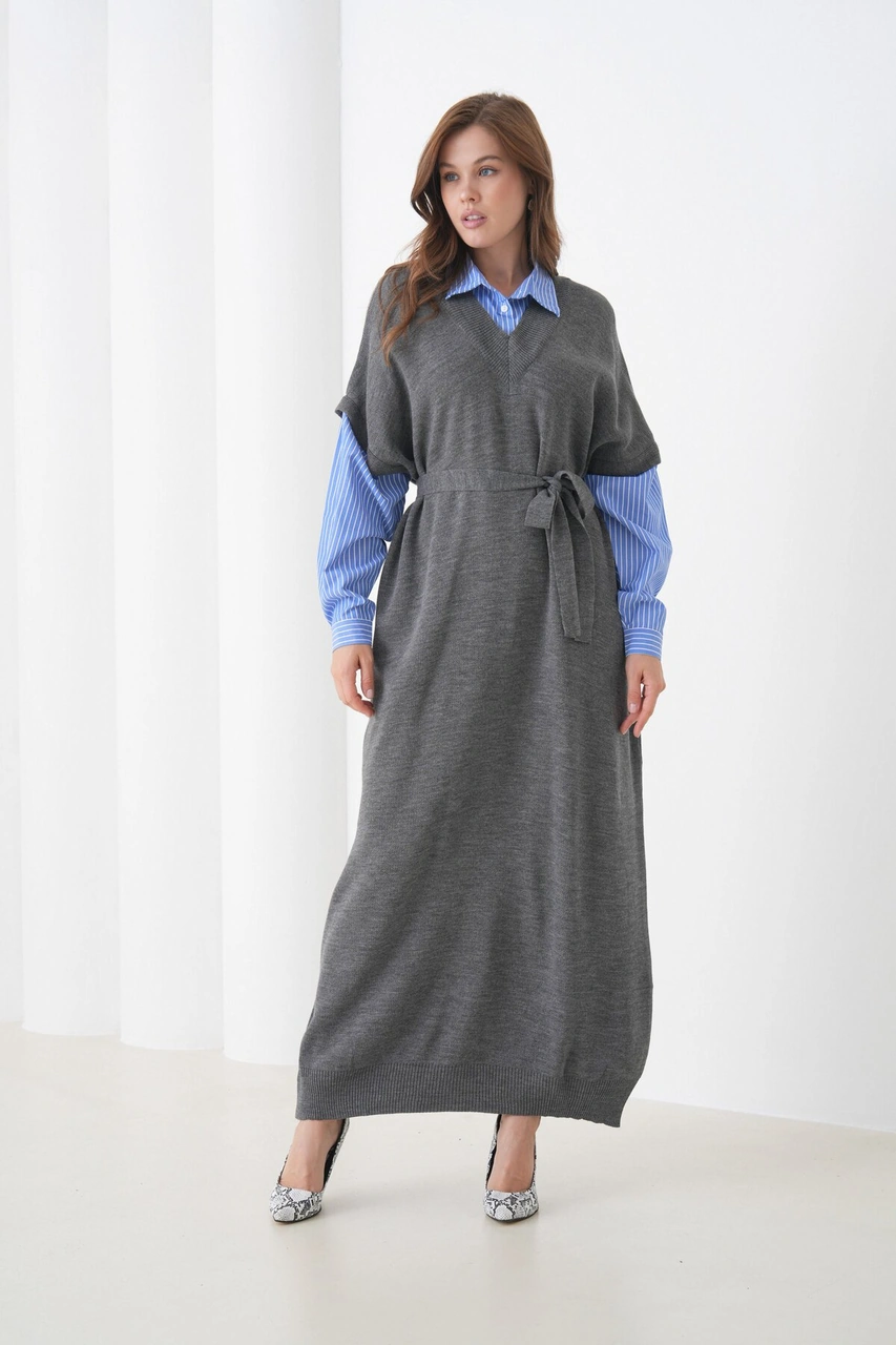 Kadın Uzun Kol Gömlek Yaka İçi Gömlekli Triko Kuşaklı Triko Spor Şık Elbise Gri