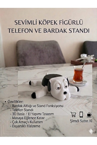 Sevimli Köpek Figürlü 2'si 1 Arada Telefon Standı Ve Bardak Altlığı - 3d Tasarım Beyaz Beyaz - Siyah