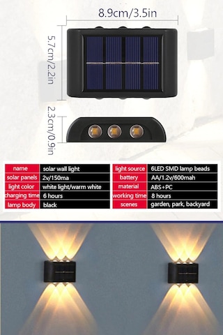 6ledli Solar Duvar Lambası Aplik Güneş Enerji Gün Işığı 2 Li Set Çok Renkli