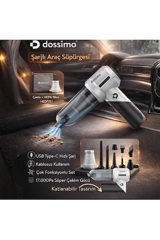 Dossimo Nitro X2 Kablosuz Araç İçi Süpürge Katlanabilir Çok Amaçlı Güçlü Vakum Çanta  Siyah Gri