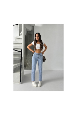 Bluemarlin Buz Kar Ön Arka Taşlı Paça Kesik Mom Denim Pantolon Buz Kar
