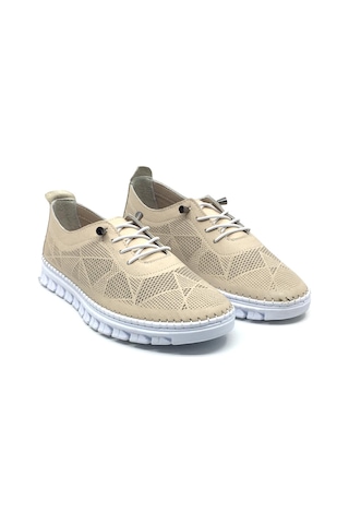 Taşpınar %100 Hakiki Deri Kadın Ortopedik Yazlık Günlük Akıllı Lastik Bağcıklı Ayakkabı 36-41 Bej