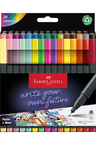 Faber-Castell Grip Finepen İnce Keçe Uçlu Kalem Seti, 30’lu, Pastel ve Neon Renkler, 0.4 mm Hassas Uç, Üçgen Gövde
