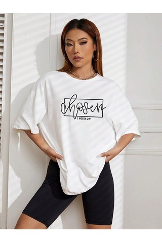Peter T-shirt - Beyaz Baskılı Oversize Bisiklet Yaka Kısa Kol Tişört Beyaz