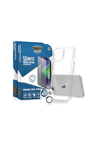 Buff Apple iPhone Uyumlu  14 Plus - 2x5d Ekran Koruyucu + Şeffaf Kılıf + Lens Koruyucu Matte Mat