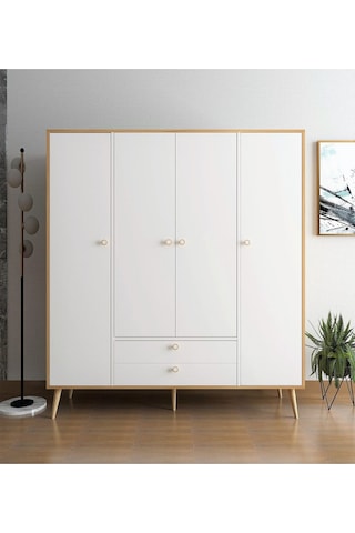 Floradesign Tema Elbise Dolabı 4 Kapaklı Çekmeceli Dolap Gardırop /beyaz Meşe