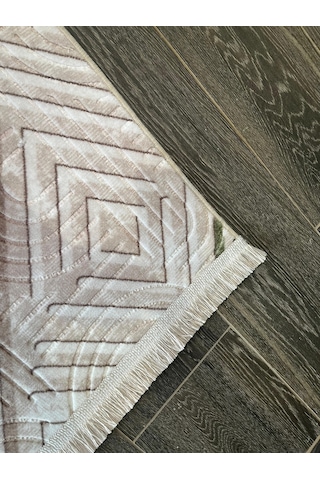 Konak Halı Renkli Modern Halı Geometrik Desenli Emboss Saçaklı Salon Halısı Krem