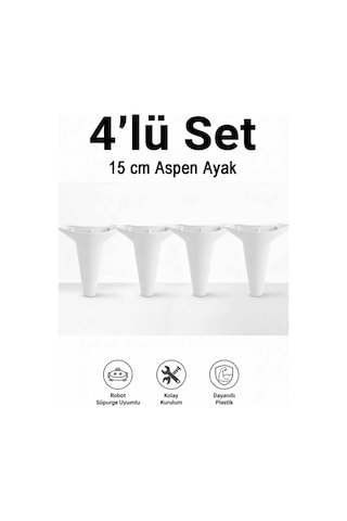 Aspen 15 Cm Beyaz 4'lü Set Koltuk Baza Dolap Tv Ünitesi Yatak Odası Konsol Ayağı Siyah