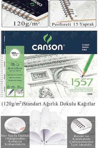 Telli Eskiz Defteri Canson 1557 35x50 Cm Spiralli 15 Yaprak 1 Adet 120 Gr Karakalem Sketch Resim Guaj Sulu Pastel